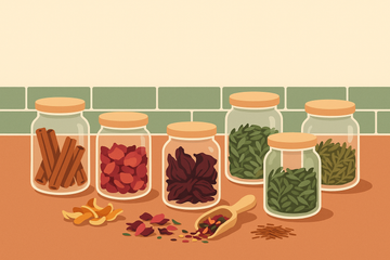 Jars with tea blend ingredients: spices, dried flowers, loose leaf teas on a wooden workbench