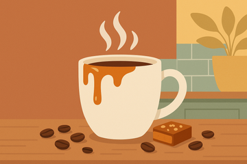Ilustración de una taza de café con caramelo y granos de café, café caramelizado