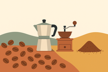 Ilustración de café en grano y café molido junto a una moka y un molinillo, estilo plano y minimalista
