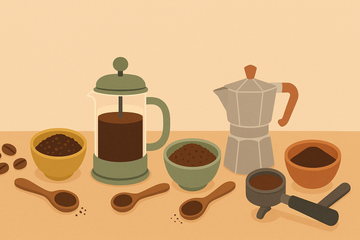 Ilustración de los distintos tipos de molienda de café: desde el grano entero hasta el molido fino, con diferentes cafeteras