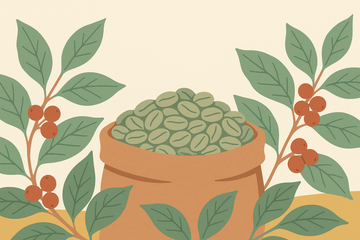 Ilustración de granos de café verde sin tostar con ramas de cafeto y cerezas rojas
