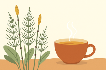 Ilustración de planta cola de caballo con taza de infusión, estilo flat moderno en tonos terracota y verde salvia