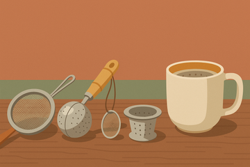 Coladores y filtros de té sobre superficie de madera, ilustración flat moderna