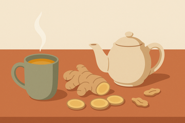 Ilustración de una taza de infusión de jengibre con raíz fresca sobre una mesa acogedora