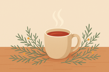 Ilustración de una taza de rooibos con ramas de Aspalathus linearis sobre superficie de madera