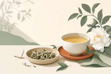 Ilustración de agujas de plata y hojas de Pai Mu Tan con una taza de té blanco dorado