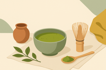 Cuenco de té matcha ceremonial con batidor de bambú sobre fondo verde salvia y crema