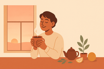 Persona disfrutando una taza humeante de té al amanecer junto a una tetera, una rodaja de naranja y una planta — ilustración infusiones energía mañana Aromas de Té