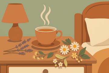 Ilustración de una mesilla nocturna con una taza de infusión de hierbas, flores de manzanilla y lavanda para dormir mejor