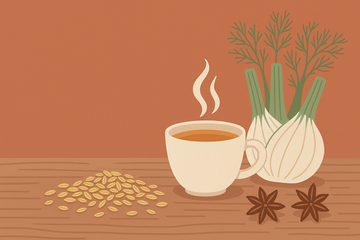 Ilustración flat de semillas de hinojo, una taza de infusión humeante y el bulbo fresco sobre superficie de madera