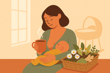 Madre lactante tomando una infusión de manzanilla con cesta de hierbas (tila, jengibre, hinojo) sobre la mesa