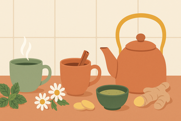 Ilustración flat de tazas de té verde, rooibos, menta y manzanilla con hierbas frescas sobre fondo crema — infusiones para dieta keto