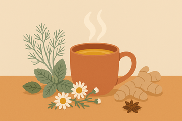 Ilustración de infusiones digestivas para los gases: taza de hinojo rodeada de hierbas naturales
