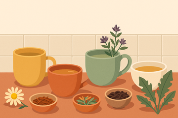 Ilustración de varias tazas de infusiones saciantes: rooibos, manzanilla, diente de león y té de java sobre fondo crema