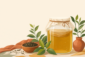 Ilustración de un tarro de cristal con kombucha de té verde rodeado de hojas de té verde y hierbas