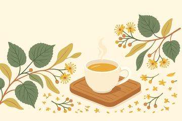 Ilustración flat de flores de tila y taza de infusión dorada sobre fondo crema