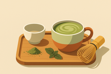 Ilustración de un matcha latte en cuenco cerámico con batidor de bambú chasen y polvo de matcha sobre bandeja de madera