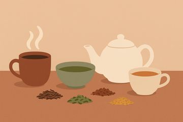 Ilustración flat de diferentes tipos de té: negro, verde, blanco y rooibos con hojas sueltas