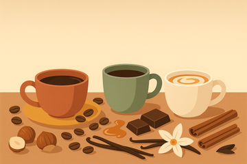 Selección de cafés de sabores aromatizados con avellana, chocolate y caramelo sobre una mesa acogedora