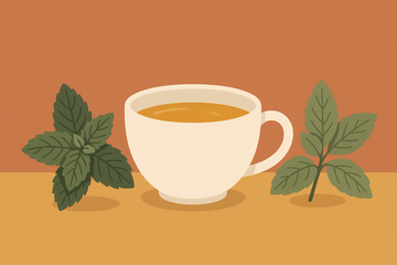 Ilustración con hojas de menta piperita e hierbabuena juntas junto a una taza de té