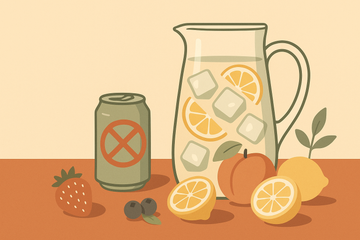 Ilustración de una jarra de infusión fría con hielo y fruta como alternativa a los refrescos