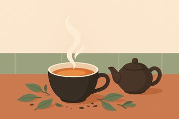 Ilustración de una taza de té negro con hojas sueltas y tetera, paleta cálida terracota y verde salvia