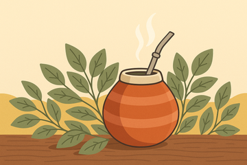 Ilustración flat de una calabaza de mate con bombilla, hojas de yerba mate y vapor sobre superficie de madera