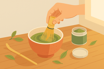 Bol ceremonial de cerámica con té matcha verde recién batido y batidor de bambú sobre mesa de madera, ilustración plana minimalista