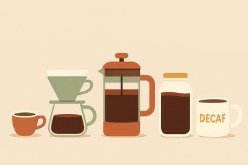 Ilustración de distintas preparaciones de café ordenadas por contenido en cafeína — espresso, filtro, cold brew y descafeinado