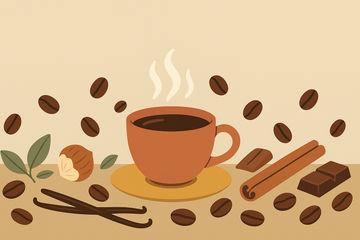 Ilustración de taza de café aromatizado con granos de café, vainas de vainilla y canela