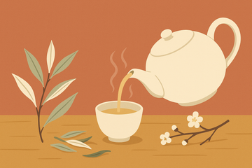 Ilustración plana de hojas de té blanco con tetera y taza de cerámica, paleta cálida