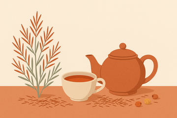 Ilustración flat de planta de rooibos, tetera y taza con infusión de rooibos en tonos terracota y verde