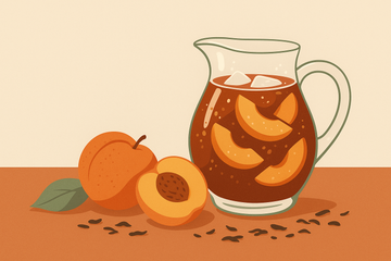 Jarra de té negro melocotón en agua fría con rodajas de melocotón, como alternativa al refresco de cola