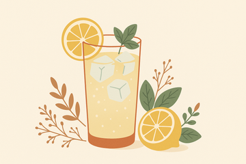 Vaso alto con refresco de limón frío con hielo, rodajas de limón y hierbas aromáticas sobre fondo crema