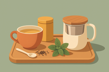 Ilustración de taza de té y tisanera con filtro sobre bandeja de madera con hojas de té sueltas