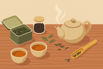 Ilustración de lata de té abierta con hojas sueltas, tetera y tazas en mesa de madera