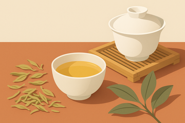 Ilustración de té amarillo: taza con licor dorado, hojas sueltas sobre bandeja de bambú y tetera de porcelana blanca