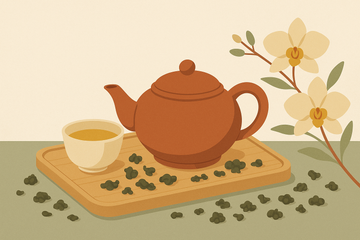 Tetera china tradicional y taza de té oolong sobre bandeja de madera, rodeadas de hojas de té azul y flores de orquídea