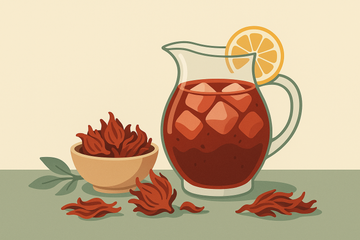 Ilustración de una jarra de infusión de hibisco rojo frío con hielo y limón junto a flores secas de hibisco
