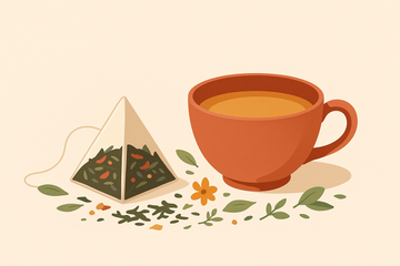 Ilustración de una pirámide de té junto a una taza con hojas de té sueltas alrededor