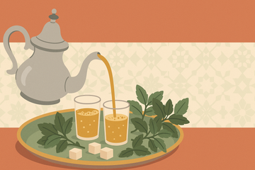 Ilustración moderna de una tetera marroquí sirviendo té con menta y vasos de cristal