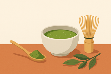 Cuenco de té matcha ceremonial con batidor de bambú y polvo verde sobre fondo neutro