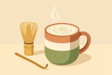 Taza de té matcha con leche (matcha latte) con espuma y batidor de bambú al lado, ilustración estilo editorial flat