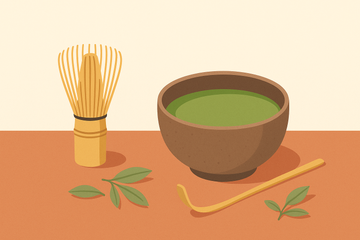 Ilustración flat del ritual de preparación del té matcha con cuenco, batidor de bambú y hojas verdes sobre fondo neutro
