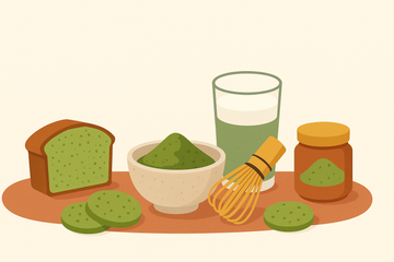 Bowl de matcha culinario con chasen, trozo de bizcocho verde, matcha latte y galletas de matcha sobre fondo crema