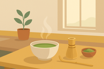 Cuenco de té matcha verde recién batido sobre mesa de madera con batidor de bambú y luz de mañana.