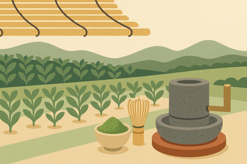 Ilustración de jardín de té japonés con plantas de matcha bajo sombra, mortero de piedra y cuenco con polvo verde