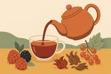 Ilustración flat de tetera vertiendo té negro con frutos rojos, con frambuesas y arándanos alrededor
