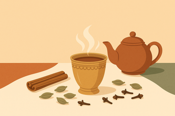 Ilustración flat de una taza de té pakistaní especiado con cardamomo y canela