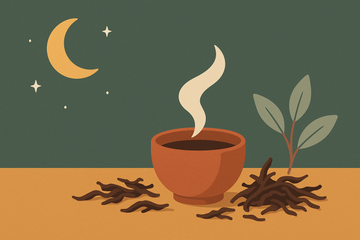 Ilustración flat de una taza de té rojo pu-erh humeante rodeada de hojas de té y una luna creciente, estilo cozy nocturno
